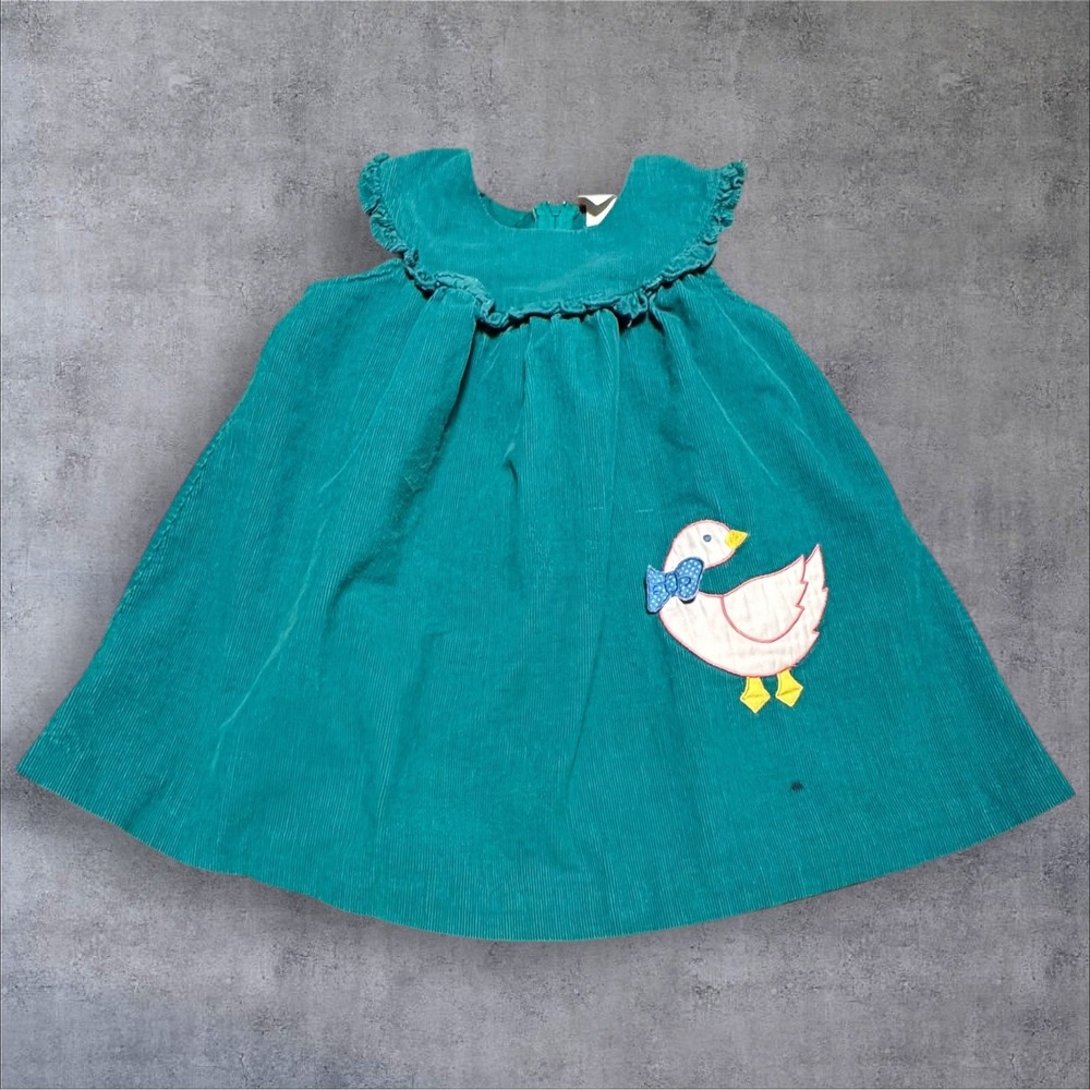 Vintage Baby Goose‎ Dress Teal Corduroy Applique Cotton Toddler